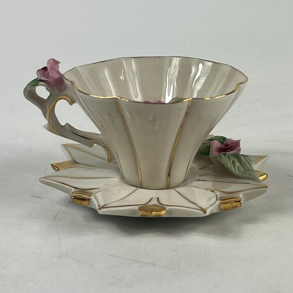 Limoges France Porcelain Rose Cup Saucer Set Gold Trim Starburst Pedal Design - Picture 5 of 15